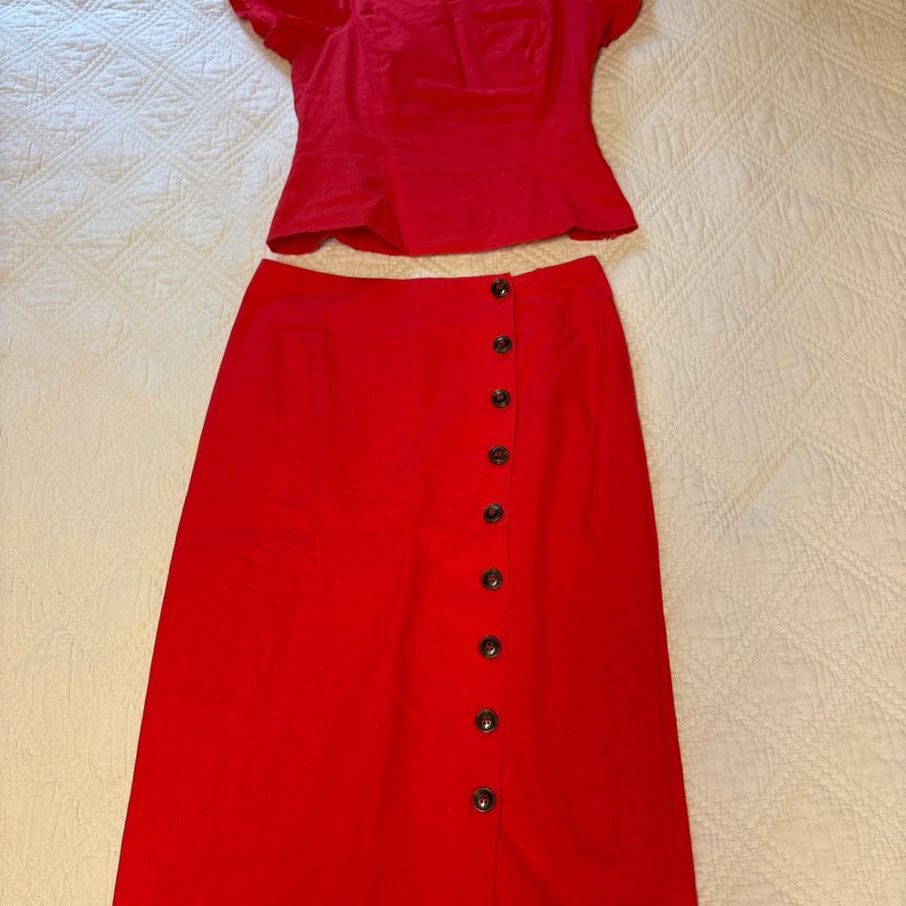 Ganni Red Skirt Set with Button Detail